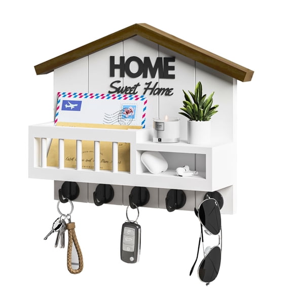 Key Rack Wall Mount with Shelf, White Wood Key Holder Wall Mount, Mail Organizer Wall Entryway, Front Door Key Holder with 5 Hooks for Wall Mounting