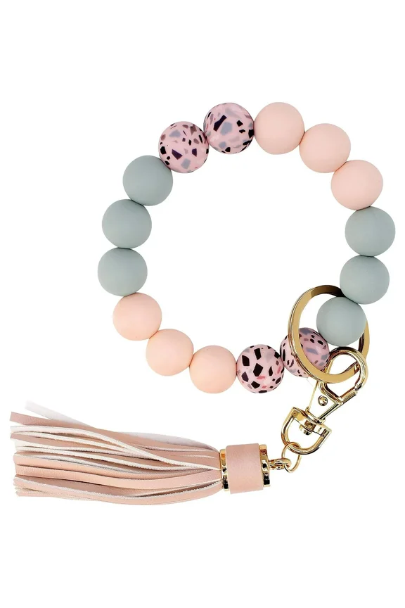 Key Ring Bracelet Car Keychain Holder Wristlet Silicone Women Beaded Bangle Chains