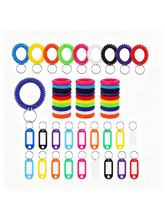 Key Ring Bracelet Coil Wristbands with Labels 30 Pack Stretchable Wrist Band Tags for Gym Pool ID Key Chains