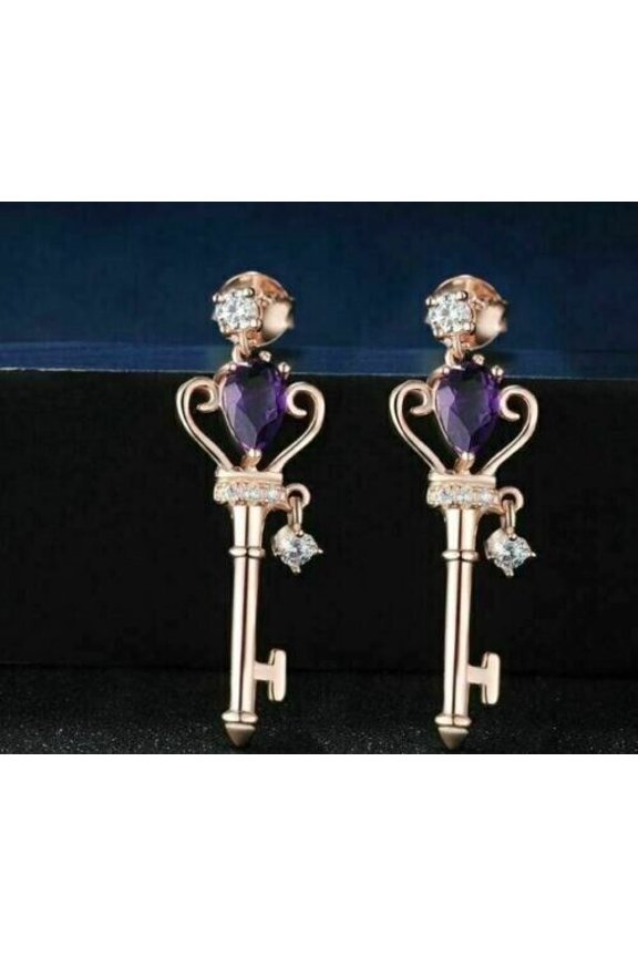 Key Shape Drop Push Back Pear Cut Amethyst 14K Rose Gold Plated Women's Earring