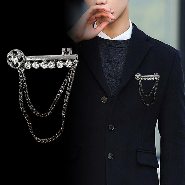 Key Shaped Mens Brooches Pins, with Chains Collar Lapel Pin Brooch Buckle  Long Tassel Brooch for Business Weddings Parties Formal 50mm , Black