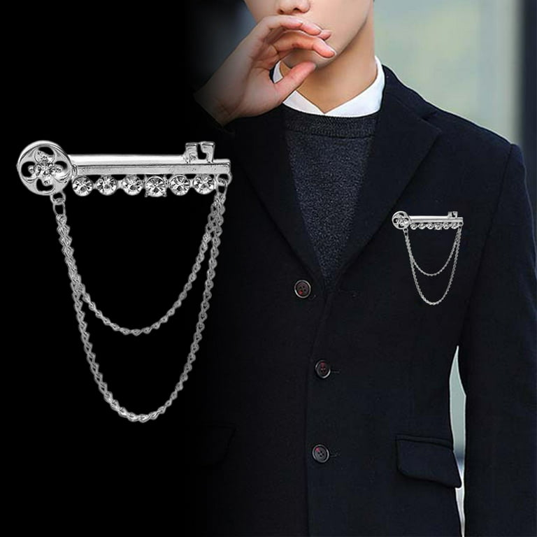 Key Shaped Mens Brooches Pins, with Chains Collar Lapel Pin Brooch