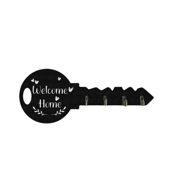 Key Shaped Wooden Key Container with 4 Hooks - Welcome Home Wall Mounted Organizer for Entryway, Rustic Farmhouse Style, Durable Natural Wood Design,Black