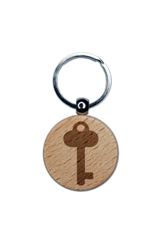 Key Simple Round Keychain Charm Tag - Engraved Wood