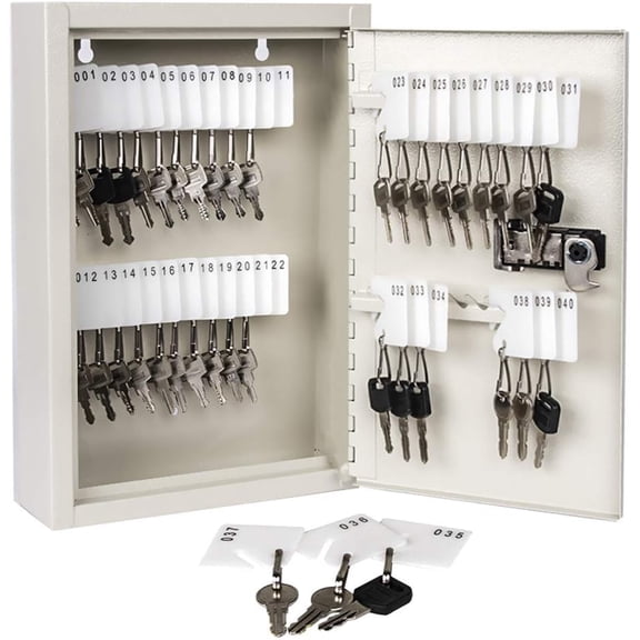 Key Storage Lock Box with Code, Locking Key Cabinet, 40 Key Holder Wall Mount with Combination Lock, Hooks & Tags Labels for Home, Office, Business, 2.5" D x 8.1" W x 12.1" H, White