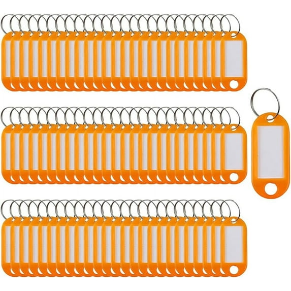 Key Tags 100 Pieces Keyring Tags Key Labels Plastic Key Fobs Id Tags Key Rings Name Tags Luggage Id Labels with Labels Split Ring Keyring (Orange)