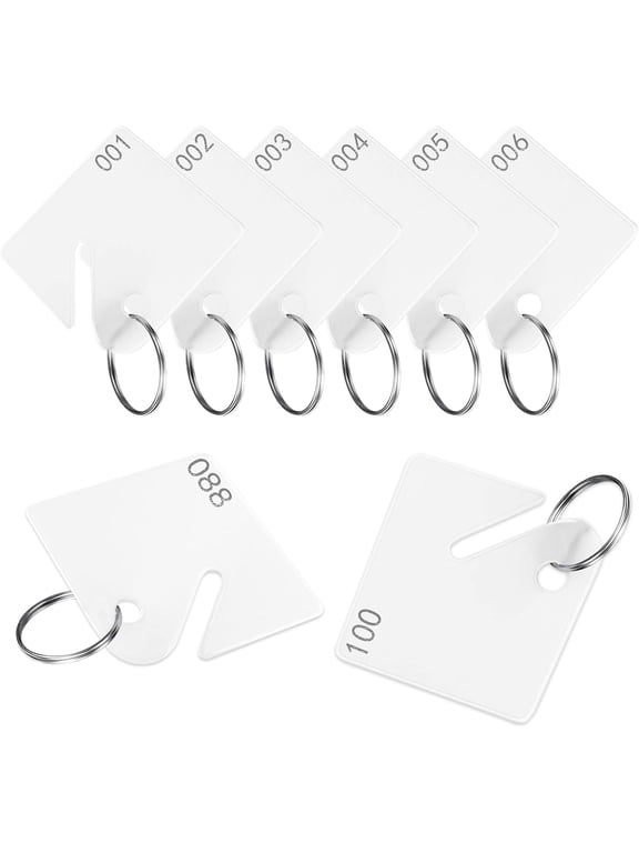 100 Pcs Key Tags Plastic Slotted Tags with Upgrade Round Ring, White Square Hanging Tags with Number(1-100) for Key Cabinets Boxes Lockers Sturdy Frosted Item Identifiers for Home Office and Garage