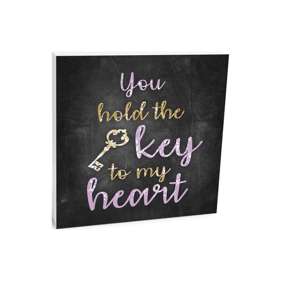 Key To My Heart Slate Grey Golden Key 10 x 10 Wood Tabletop Sign Plaque