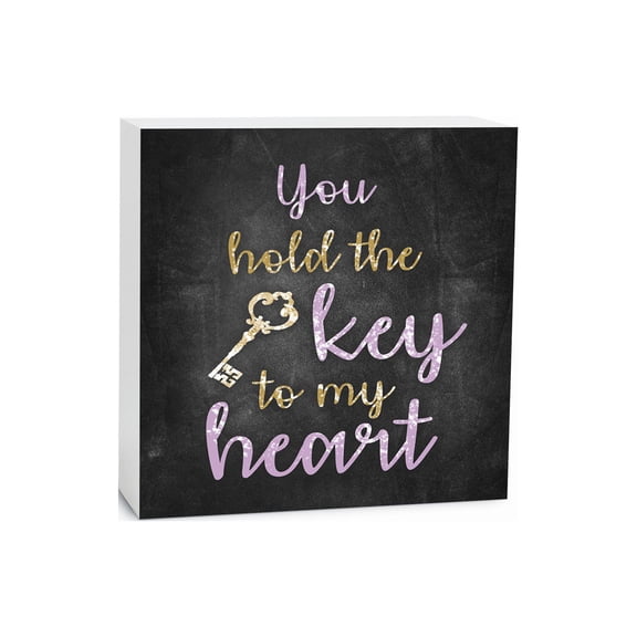 Key To My Heart Slate Grey Golden Key 5 x 5 Wood Tabletop Sign Plaque