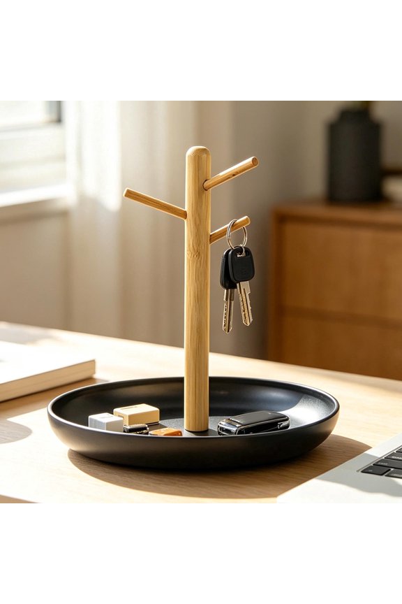 Key Tray & Key Bowl, Jewelry Tray with Wood 3-Tier Hanging Organizer, Multi-Functional Entryway Tray, Perfect for Key Bowl, Ring Holder, Jewelry Dish Organize (1PC, Black Round)