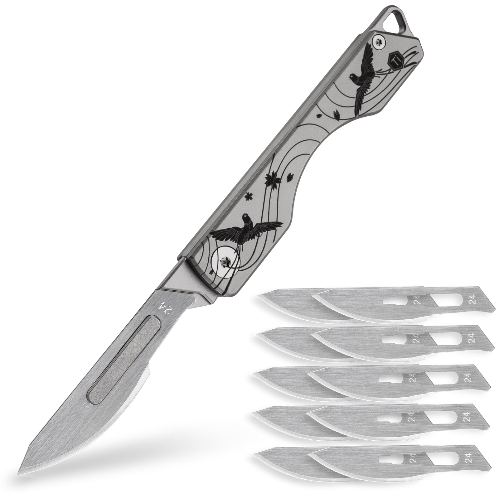 Key Unity KK01 Titanium Folding Knife, Utility EDC Pocket Knife with #24 Replaceable Blade, for Outdoor Hunting, Camping, Fishing, Hiking for Men & Women (Cherry Blossom Bird Pattern)