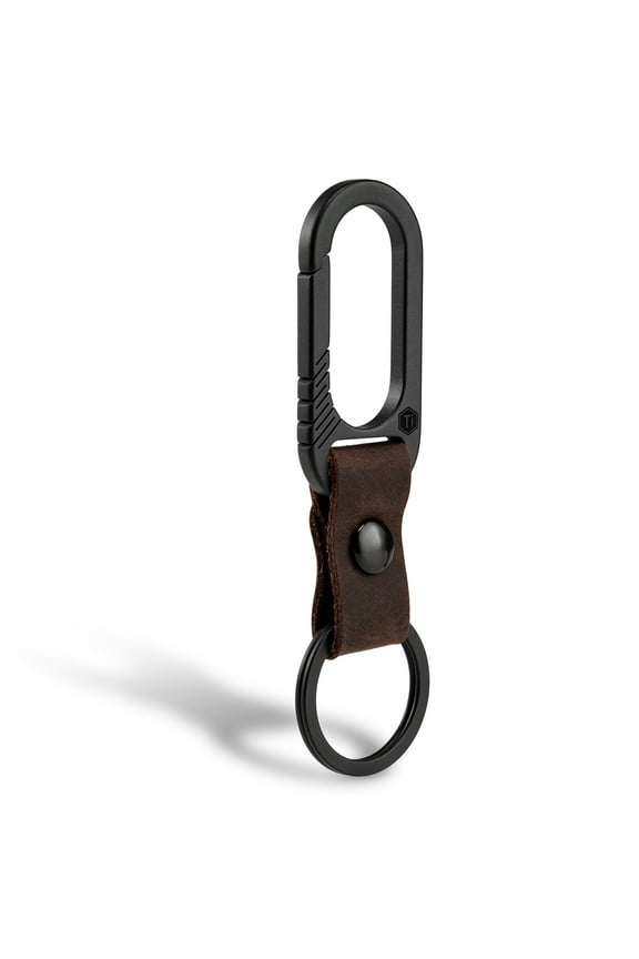 KM02 Titanium Belt Clip Carabiner Leather Keychain Holder with Removable Stainless Steel Key Ring (PVD Black)