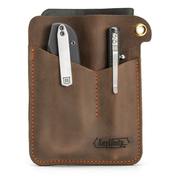 Key Unity Leather Multitool Sheath with 3 Pouch, EDC Pocket Organizer for Key Holder, Flashlight, Pen, Pocket Knife, Brown
