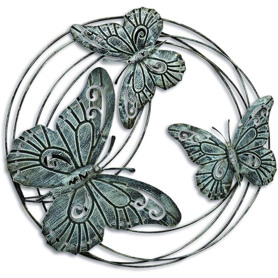 Key West 3 Dancing Butterflies, Dynamic Roundel, Bas Relief, Wall Sculpture, Metal Art, Tropical Rustic, Antique Shabby Finish, 22 Inch Diameter