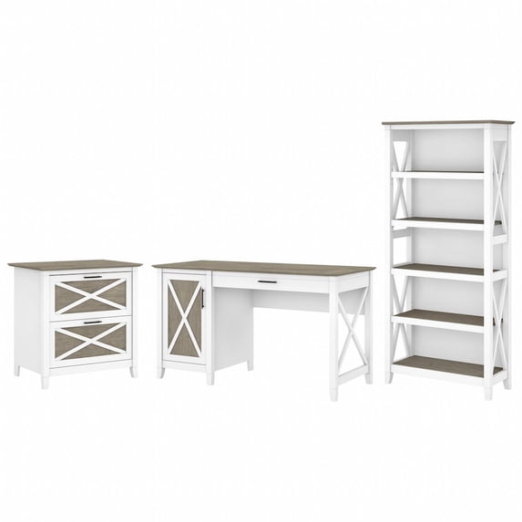 Key West 54W Desk with File Cabinet and Bookcase in White/Gray - Engineered Wood