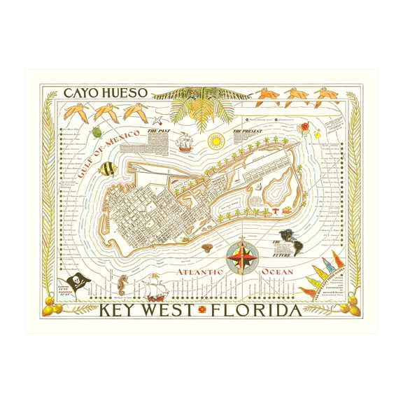 Key West Art, 1940 Vintage Map of Key West Florida, FL History Wall Decor Gift, Old Key West Map - 24" x 18" Unframed Print