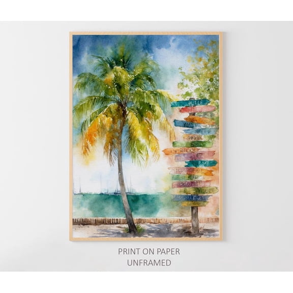 Key West Art Poster Palm Tree Beach Wall Art Florida Seaside Artwork Tropical Landscape, Unframed Poster Size 12x18