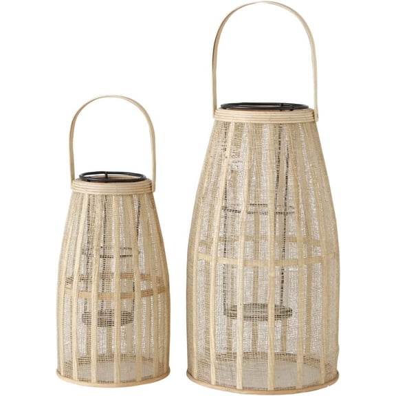 Key West Bamboo Cage Hurricane Lantern, Natural Rattan, Bamboo and Black Metal Frame, Loop Handle, Glass Insert, 17.25 Inches