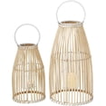 thumbnail image 1 of Key West Bamboo Hurricane Lanterns, Set of 2, White Metal Frame, Loop Handle, Floating Insert, 17.25, and 12.25 inches, Modern Tropical Design, 1 of 9