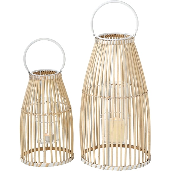 Key West Bamboo Hurricane Lanterns, Set of 2, White Metal Frame, Loop Handle, Floating Insert, 17.25, and 12.25 inches, Modern Tropical Design