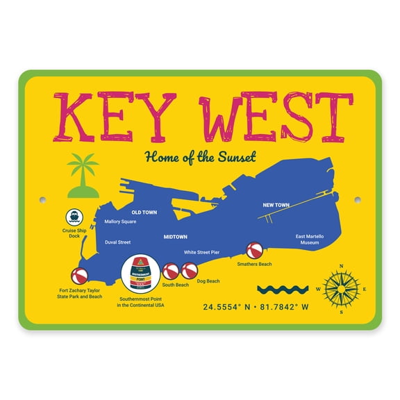 Key West Beach Map Aluminum Metal Decor Sign - 10x14 inches