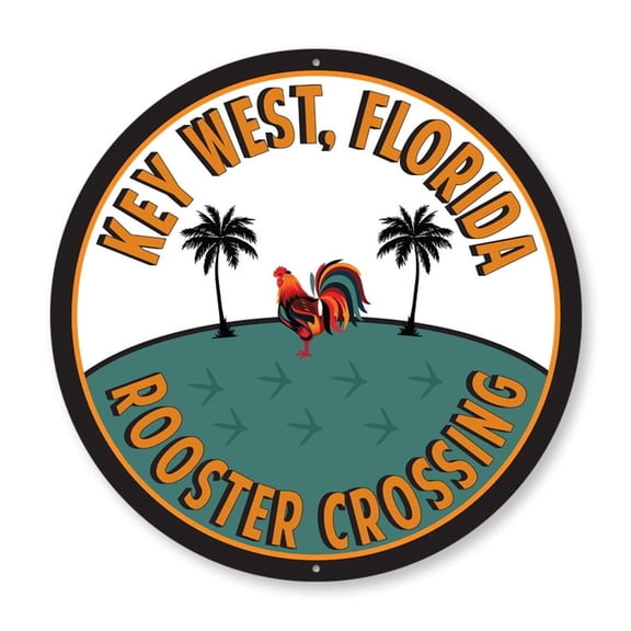 Key West Circle Rooster Aluminum Metal Decor Sign - 12" Round