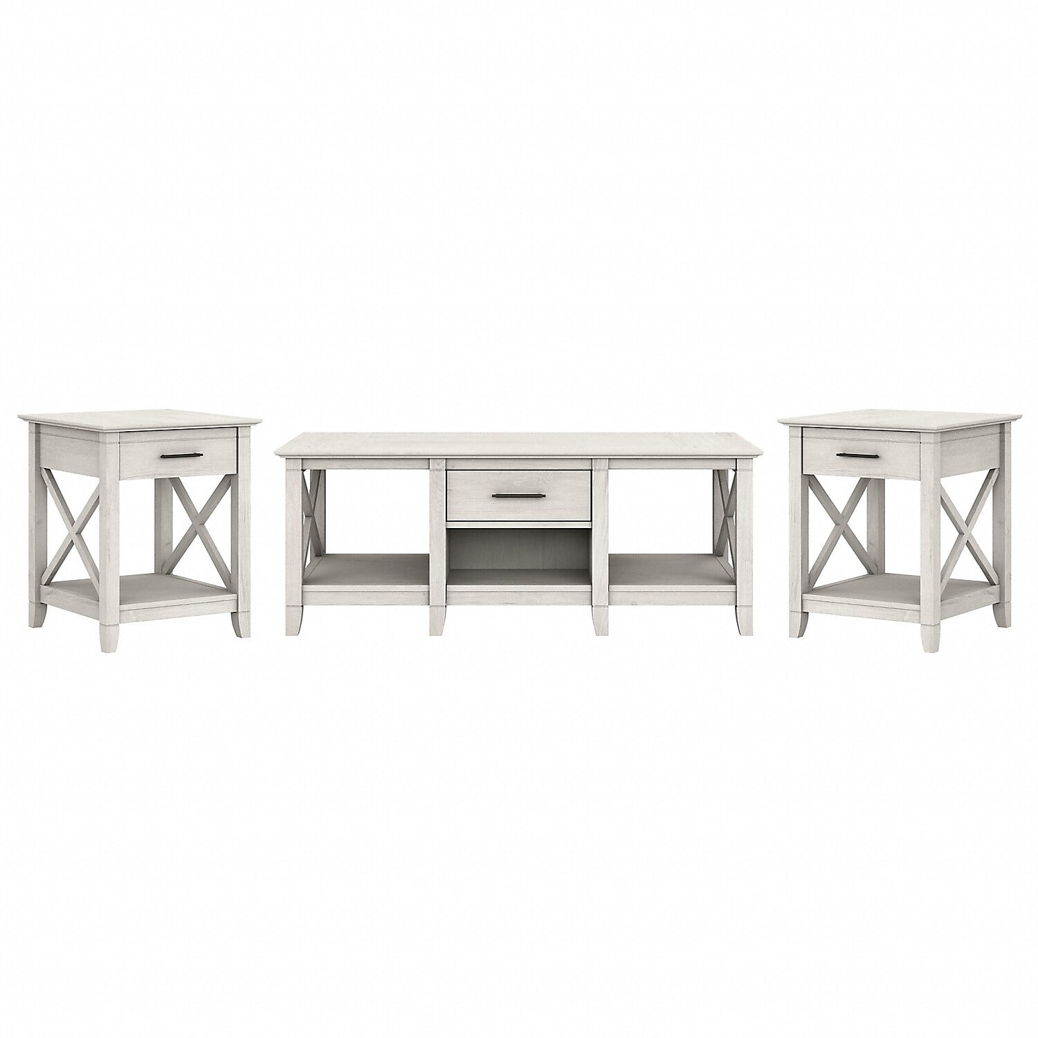 Linen White Oak Coffee Table and End Tables Set with Storage