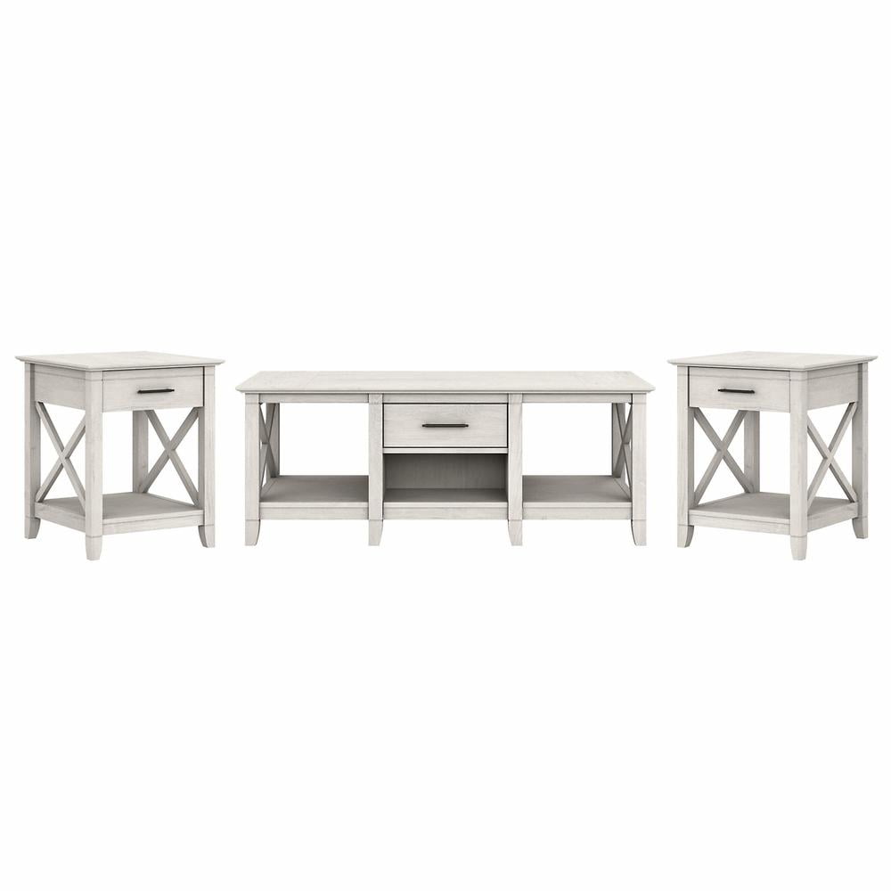 Linen White Oak Coffee Table and End Tables Set with Storage