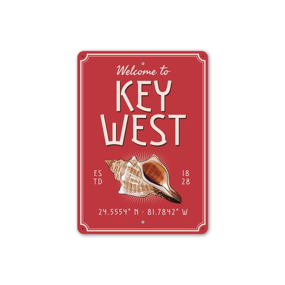 Key West Coordinates Conch Shell Aluminum Metal Decor Sign - 10x14 inches