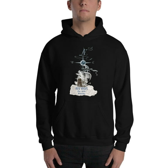Key West Est 1828 Pirate Ship Vintage Map Fleece Compass Hoodie
