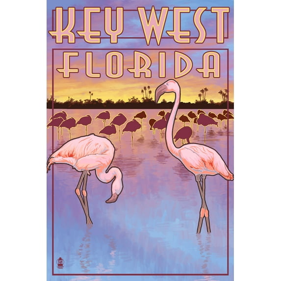 Key West, Florida, Flamingos at Sunset (12x18 Wall Art Poster, Room Decor)