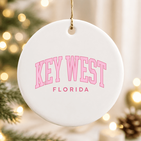 Key West Florida Retro Preppy Throwback Pink Christmas Ornament, Holiday Keepsake Gift, Ceramic Ornament