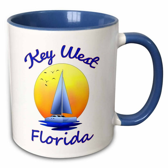 3drose, Key West Florida Sailing Destination and Sailboat and Setting Sun., 11oz Two-tone Blue Mug