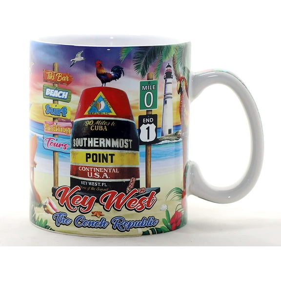 Key West Florida Scene Full Wrap Mug Souvenir Collectible Large Coffee Mug (4"H x 3.75"D) 18oz