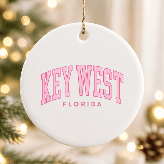 Key West Florida Summer Retro Pink Preppy Throwback Christmas Ornament, Festive Seasonal Decor, Ceramic Ornament