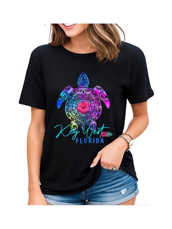 Key West Florida Tie Dye Sea Turtle Vacation Cotton T-Shirt For Women