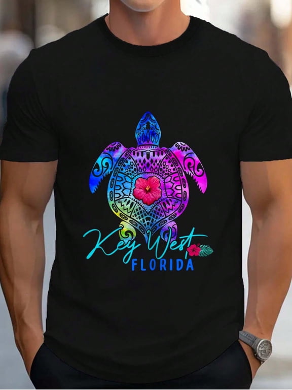 Key West Florida Tie Dye Sea Turtle Vacation Men's Cotton Crew Neck Graphic Tee Casual Short Sleeve Solid T-Shirt