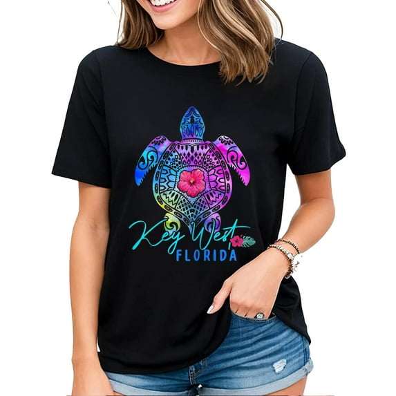 Key West Florida Tie Dye Sea Turtle Vacation T-Shirt For Women Black X-Large
