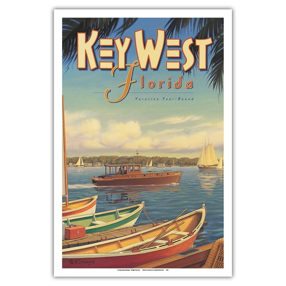 Key West Florida - Vacation Year-Round - Ernest Hemingway's Yacht Pilar - Vintage Travel Poster by Kerne Erickson - Master Art Print (Unframed) 12in x 18in