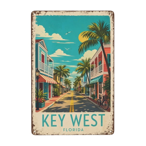 Key West Florida Vintage Iron Wall Decor Sign, 8x12 Inch, Rustic Metal Plaque with Pre-Drilled Holes, Weather Resistant Finish, Retro Beach Town Theme for Home or Outdoor Decor