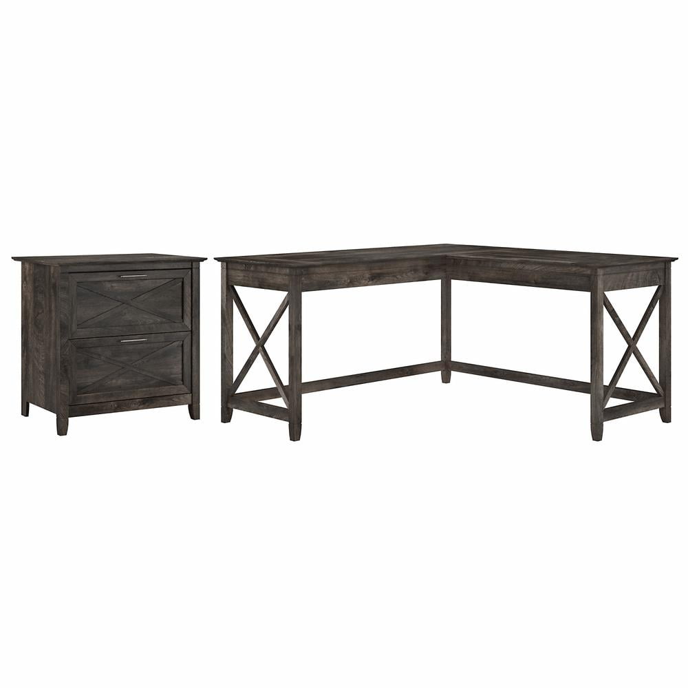Dark Gray Hickory Engineered Wood L-Shaped Desk and File Cabinet Set