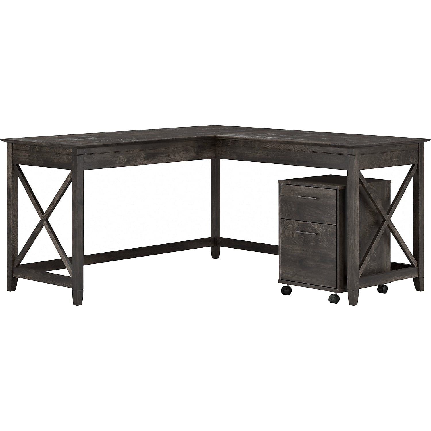 Farmhouse Dark Gray Hickory L-Shaped Desk with Mobile File Cabinet