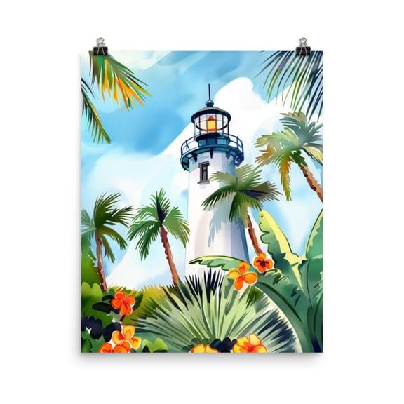 Key West Lighthouse Print, Florida Keys Wall Art, Tropical Coastal Decor, Seaside Travel Poster, Floridian Landmark Artwork Home Decor #4024, Unframed Poster Size 16x24