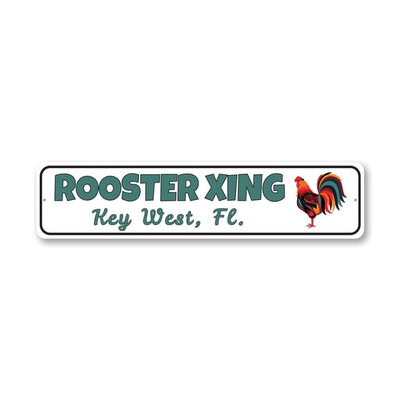 Key West Rooster Xing Aluminum Metal Decor Sign - 4x18 inches