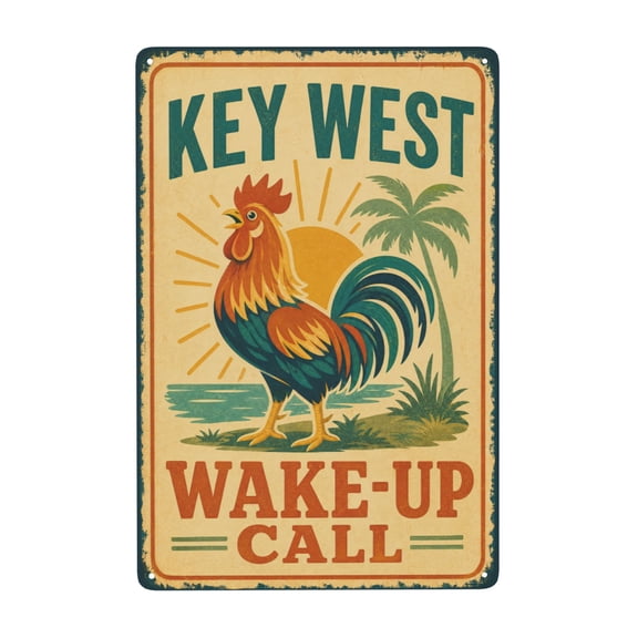Key West Wake-Up Call Metal Wall Decor Sign 8x12 Inch - Rustic Rooster Theme Art with Tropical Palm Tree Design, Vintage Style, Indoor Outdoor Use, Easy Hanging