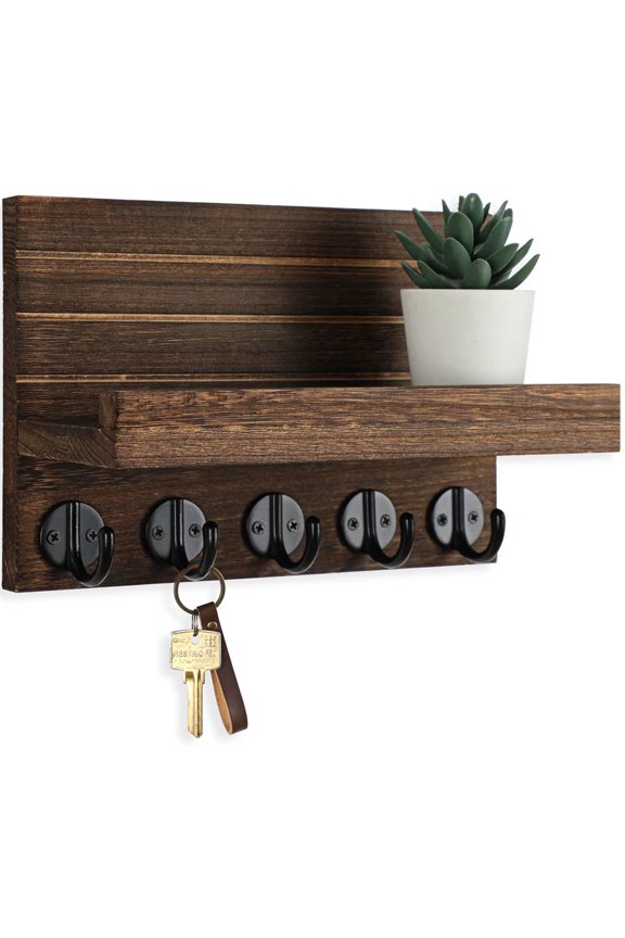 Key and Mail Holder Home Decor Wood Wall Organizer with 5 Hooks and Shelf for Bags Dog Leash Wall Decor for Living Room Entryway