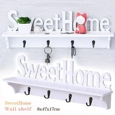 Key and Mail Holder Wall-Mounted,Wooden Key Rack Hanger Holder for Wall with 4 Key Hooks, Rustic Wall Home Decor for Entryway Living Room (White)