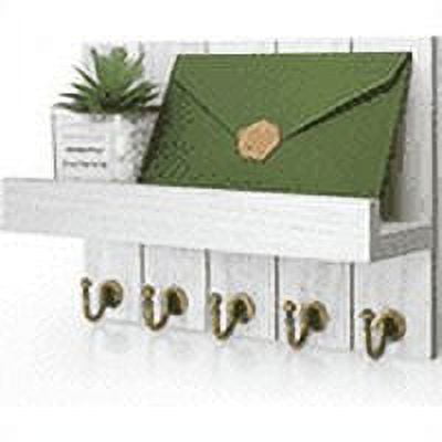 Rustic White Wood Floating Shelf with Key Hooks