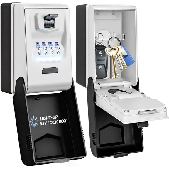Key lock box wall-mounted - outdoor combination lock box, with 6 dial lights up, waterproof key safe box large capacity, suitable for home office garage school