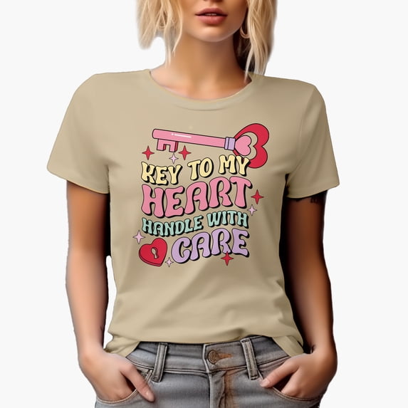 Key to My Heart, Handle with Care, Retro Groovy Wavy Valentine's Day Text Art Merch Gift, Tan T-Shirt, 3XL